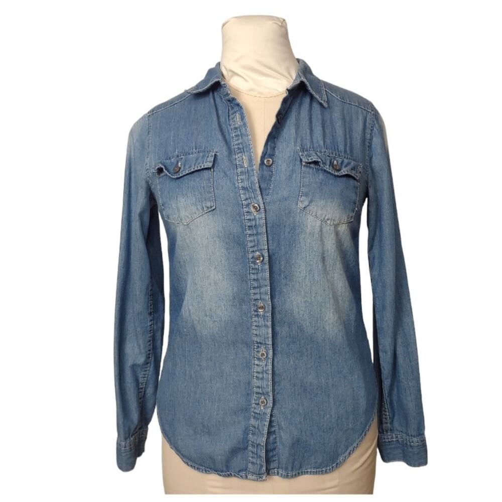 NOBLE U Long Sleeve Denim Shirt Button Down Chambray Jean Top Size S Cowboy